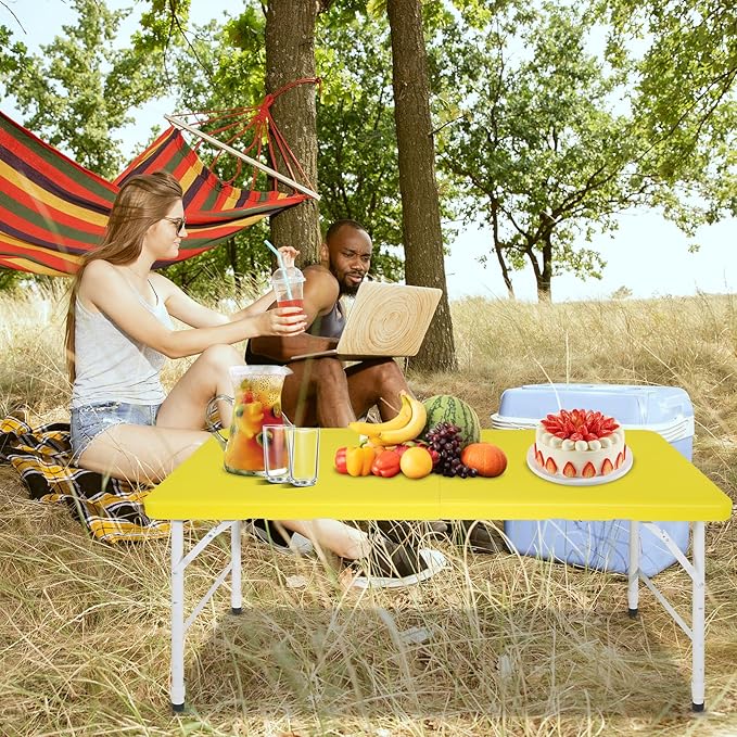 4 FT Folding Table with Carry Handle, Portable Fold-in-Half Plastic Table, Rectangle Foldable Table for Indoor/Outdoor Yellow