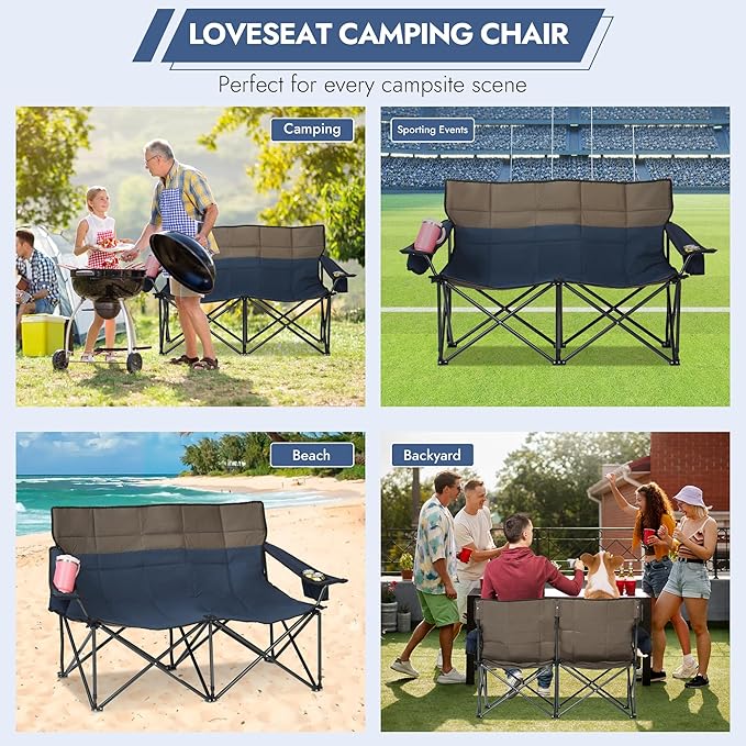 Oversized Double Camping Chairs, Folding Outdoor Chairs with Padded Roll Tote, Heavy Duty Camping Chair for Beach, Lawn, Fishing, and Sports (Blue+Gray)