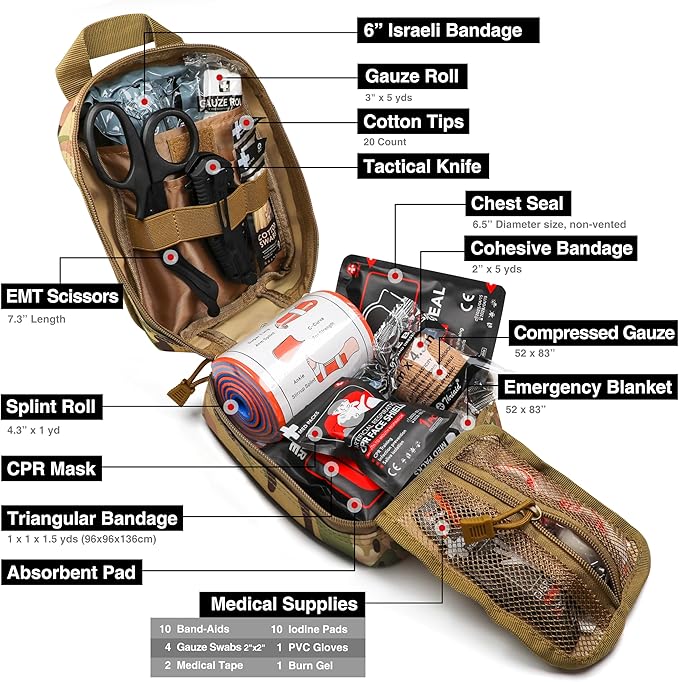 Survival First Aid Kit with Israeli Bandage, Splint, Chest Seal, Tactical Military Combat Molle IFAK for Wound Care, Bleeding Control, Trauma Hemorrhage and More