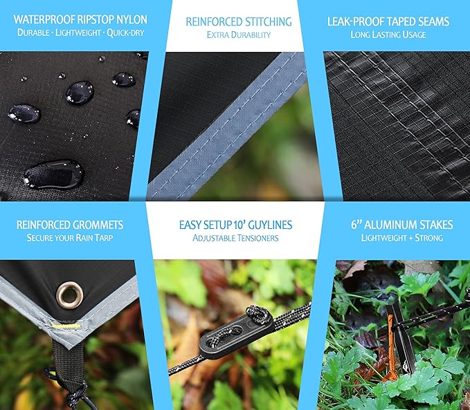 Waterproof Hammock Rain Fly [12ft x 9ft] - Portable Large Camping Tarp - Premium Lightweight Ripstop Nylon Cover - Fast Set Up + Accessories - A Camping Gear Essential! 12x9 ft HEX Shape