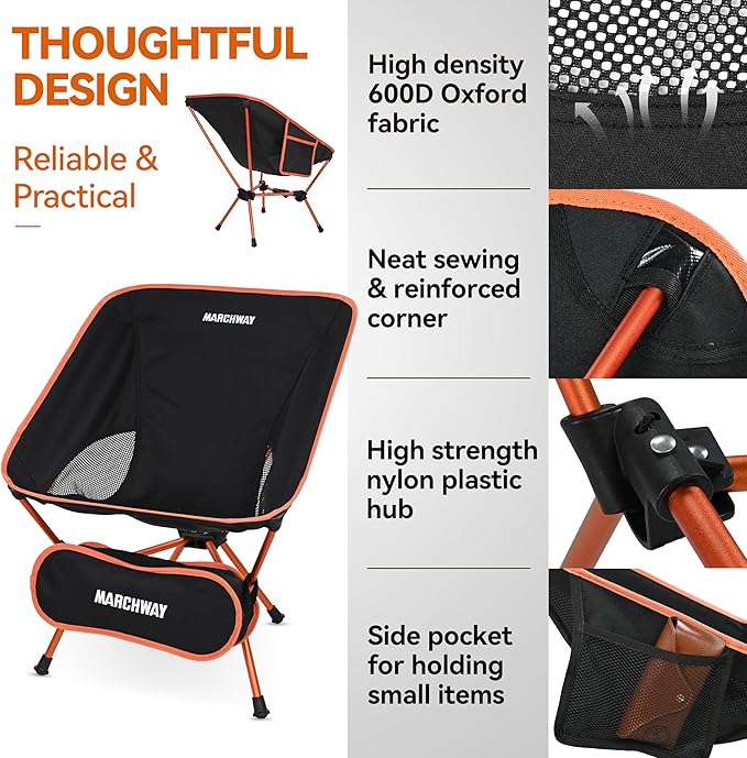 MARCHWAY Lightweight Folding Camping Chair with Spring Lock, Stable Compact Portable for Outdoor Camp, Travel, Beach, Picnic, Festival, Hiking, Backpacking (Lowback Orange)