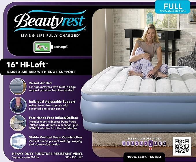 Beautyrest Hi-Loft Full Size Air Mattress with Vertical Beam Construction, Edge Support, External Pump and Puncture Resistant Vinyl for Guests and Camping