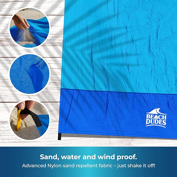 Sandproof Waterproof Beach Blanket Extra Large 108"x 84", Mat for Family, Quick Dry Ripstop Nylon Lightweight, Compact for Travel, Picnic, Camping w/ 4 Anchor Stakes and Carry Bag