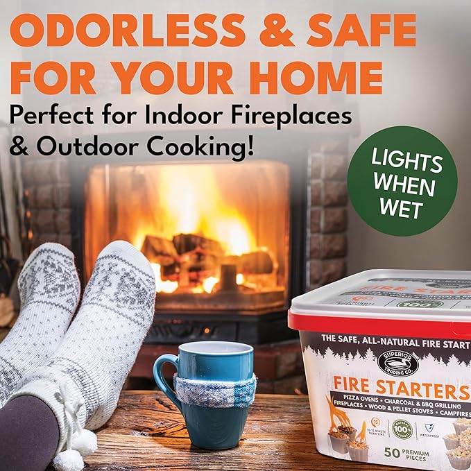 Superior Trading Fire Starter Pods in Plastic Bucket - Fire Starters for Campfires, BBQ, Grill, Pit, Wood Stove & Charcoal Starter, 15-20-Min Burn, 50 Extra Large Pods, USA Made, Brown, 3 Lbs