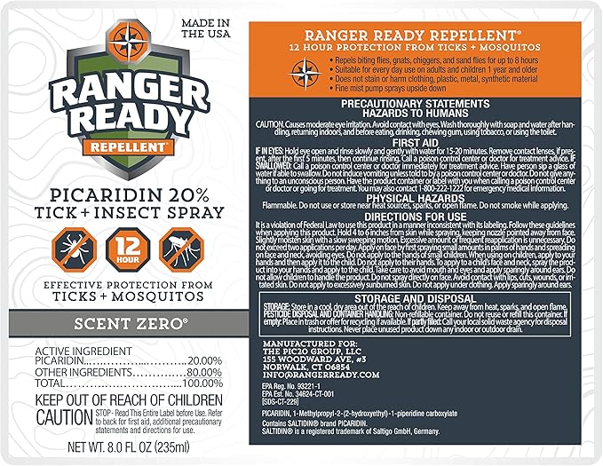 Ranger Ready Repellents Picaridin Insect Repellent Spray with Scent Zero - Mosquito Repellent and Tick Spray (8 oz., Pack of 1)