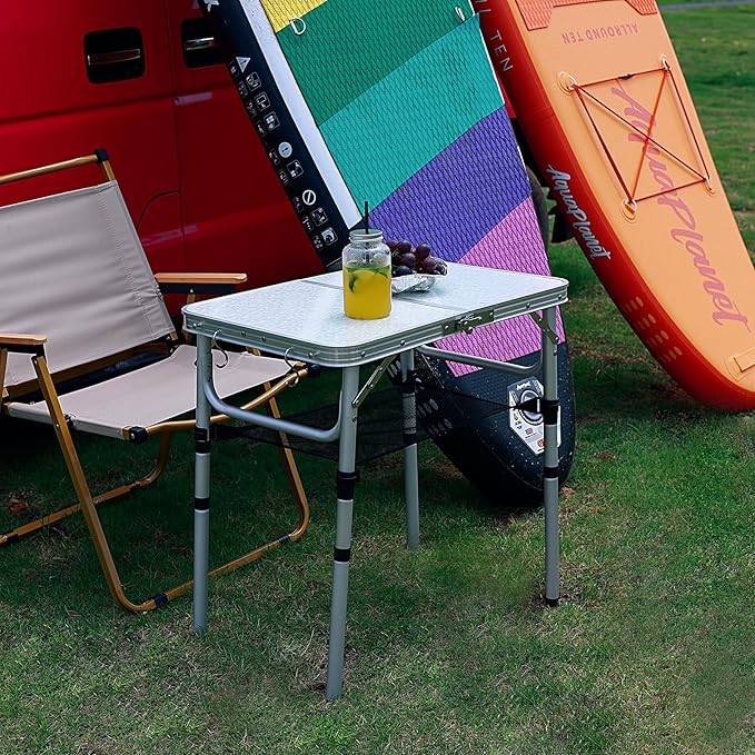 Small Folding Camping Table, 2ft Portable Picnic Table Aluminum 24" x 16" Folding Table, 3 Adjustable Heights Portable Lightweight Table Dining Table for RV, Picnic, Beach (White)