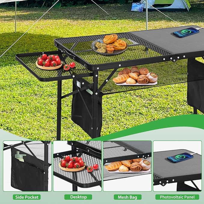 Nice C Camping Table, Ourdoor Grill Table, Tailgate Tables, Solar Panel Tables with USB Type-C&DC Charging Cable, 42W Portable Solar Charger, 2 Side Shelves, with Mesh Net&Cup Holders