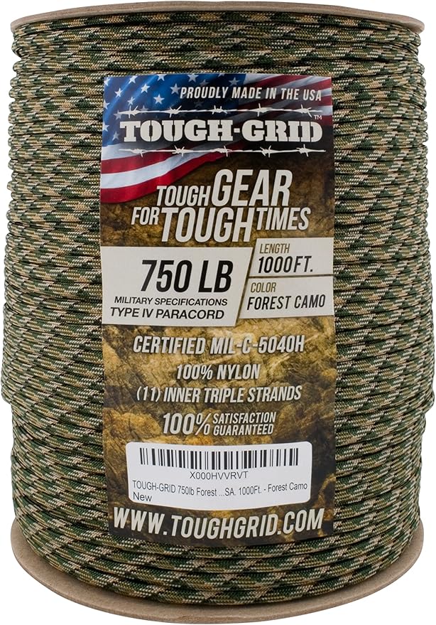 TOUGH-GRID Paracord Rope 750 lbs Nylon Parachute Cord, Made in USA Survival Kit, Outdoor Adventures, Camping, Tactical Gear & Emergency Supplies, Military Type IV Mil-Spec