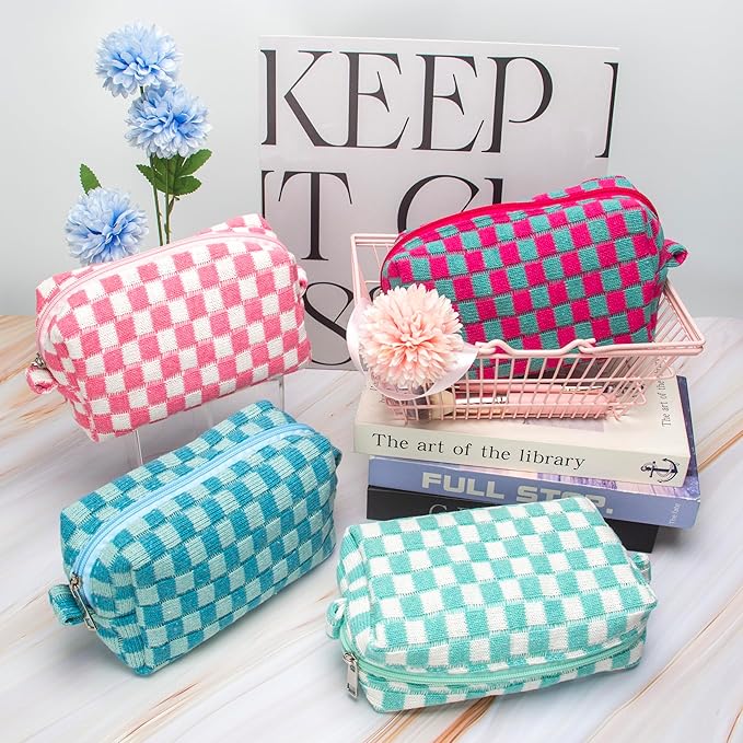 PAZIMIIK Checkered Makeup Bag for Purse Portable Zipper Make Up Pouch Small Cosmetic Case for Travel Accessories Arctic Blue