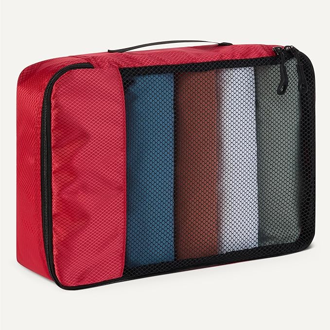 Amazon Essentials 4-Piece Packing Cubes Travel Accessories Set, Luggage Organizer with Double Zipper, Mesh Top, 100% Polyester, Medium, Red (Previously Amazon Basics)