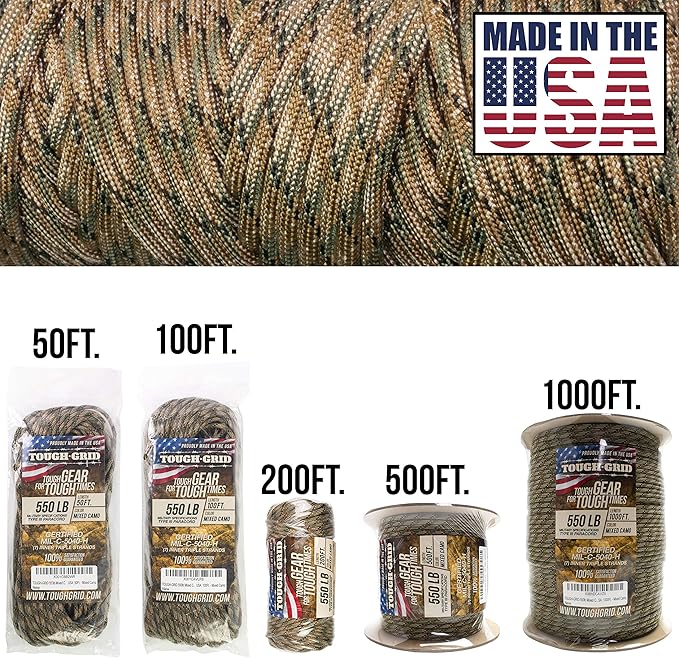 TOUGH-GRID 550 Paracord Rope Nylon Parachute Cord, Made in USA Survival Kit, Outdoor Adventures, Camping, Tactical Gear & Emergency Supplies, Military Type III Mil-Spec