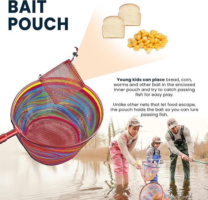 DaddyGoFish Kids Snorkel Mask | Snorkle Snorkeling Gear with Camera Mount | Extendable Telescopic Landing Fishing Net & Snorkeling Mask Combo Set Anti-Fog Anti-Leak