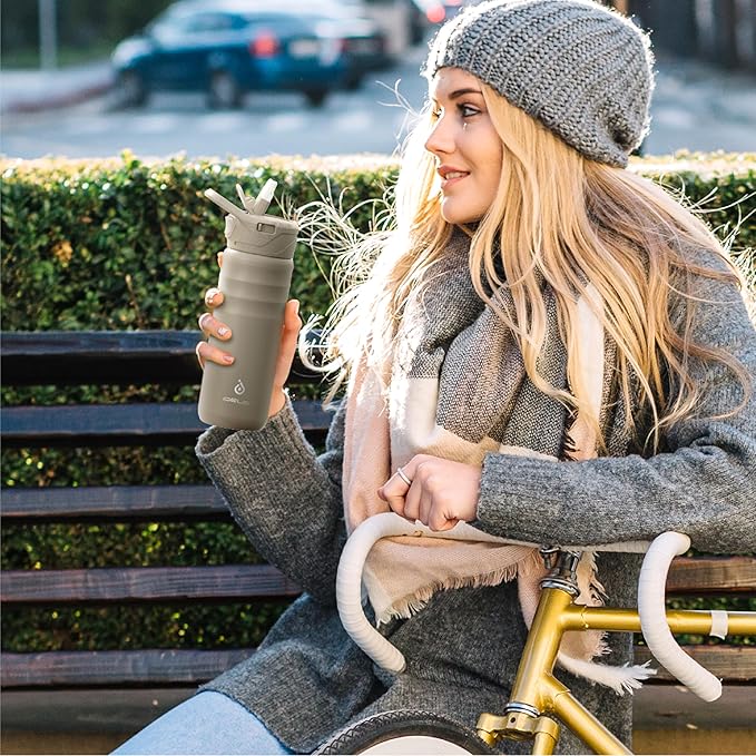 IDEUS Insulated Stainless Steel Water Bottle with 2 Leak-Proof Lids, Thermal Water Flask for Hiking Biking, 24oz, Celadon