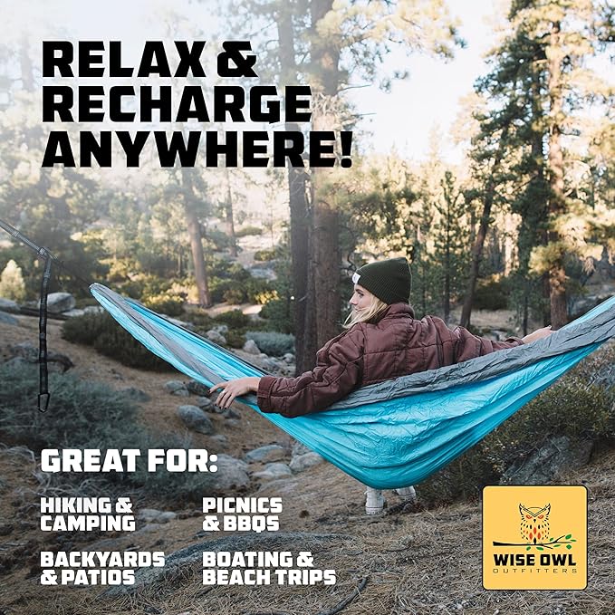 Wise Owl Outfitters Camping Hammock – 500lbs Portable Hammock with Tree Straps - Travel, Backpacking, Hiking, Outdoors Camping Gear - Single or Double