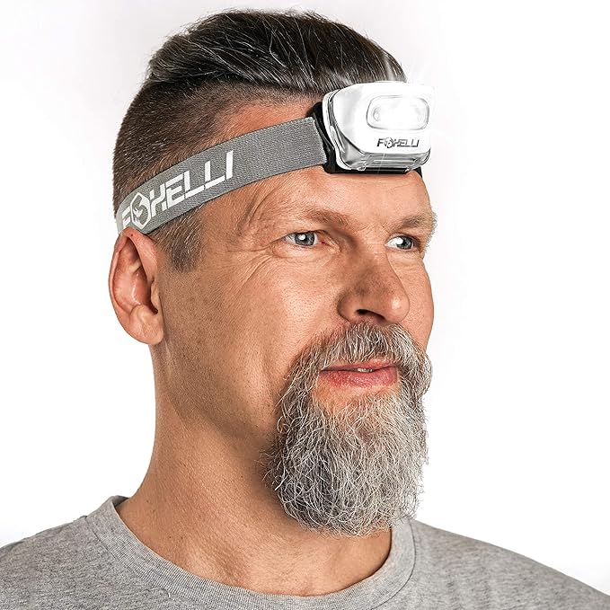 Foxelli LED Headlamp Flashlight for Adults & Kids, Running, Camping, Hiking Head Lamp with White & Red Light, Comfortable Headband, Lightweight & Waterproof, 3 AAA Batteries
