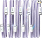 LISEN USB C Cable, 5-Pack [3.3/3.3/6.6/6.6/10FT] USBC to USBC Cable for iPhone 16e 15 Pro Max Charger Cord, 60W (3.1A) C to C Cable Fast Charging for Samsung S25/S24/23, Switch 2, iPad, MacBook,Purple