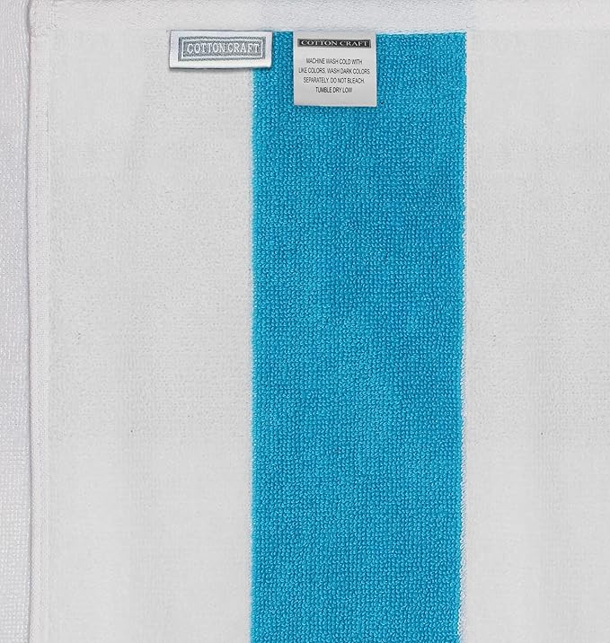 COTTON CRAFT Hooded Beach Towel – Oversized 35 x 70 Towel with Hood for Adults - 100% Cotton Velour Dobby Terry Towel - 450 GSM Pool Bath Wrap - Soft Absorbent Quick Dry – Cabana Stripe Aqua