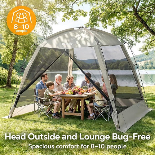 12 × 12ft Camping Screen Tent for 8-10 People, Easy Setup House Tent with 8 Ground Stakes & 4 Windproof Ropes, Portable Screened Canopy with Mosquito Net for Outdoor, Patios, Backyard, Beige