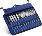 13 Piece Stainless Steel Family Cutlery Picnic Utensil Set with Travel Case for Camping | Hiking | BBQs - Includes Forks | Spoons | Knifes | Chopstick, Plus Nylon Commuter Case (Dark Blue)