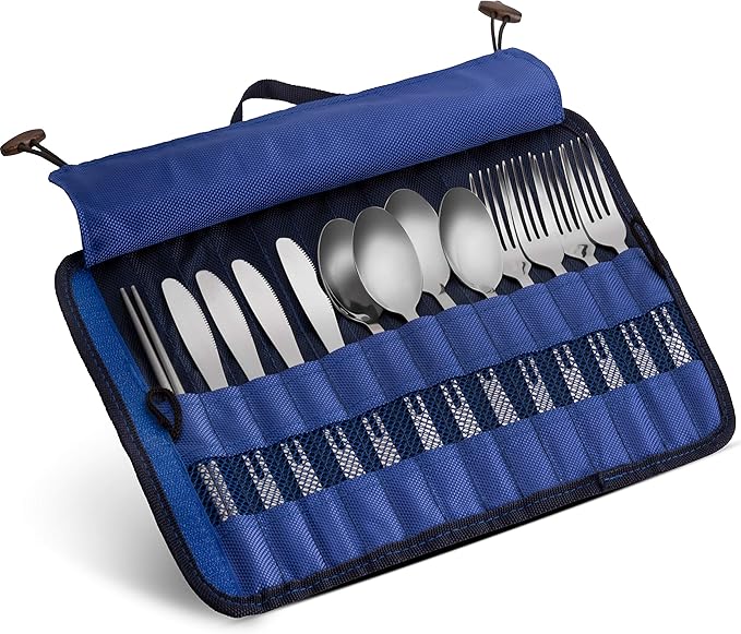 13 Piece Stainless Steel Family Cutlery Picnic Utensil Set with Travel Case for Camping | Hiking | BBQs - Includes Forks | Spoons | Knifes | Chopstick, Plus Nylon Commuter Case (Dark Blue)