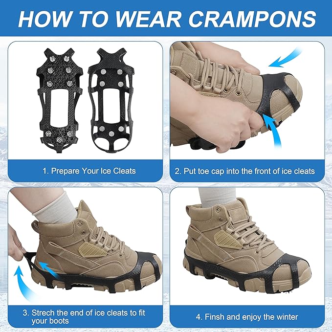 Crampons Ice Cleats for Shoes and Boots Traction Snow Cleats with 9 Studs Snow Cleats Chains Non Slip Rubber Crampons for Hiking Boots Men Women Ice Snow Winter Walking Climbing Fishing