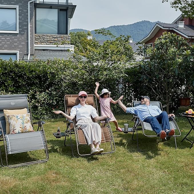 TIMBER RIDGE Oversized Zero Gravity Chair, 33In Wide XXL Zero Gravity Reclining Chair with Side Table, Full Padded Lounge Chair for Outdoor Camping Patio Lawn, Heavy Duty Supports 500lbs, Brown-2 Pack