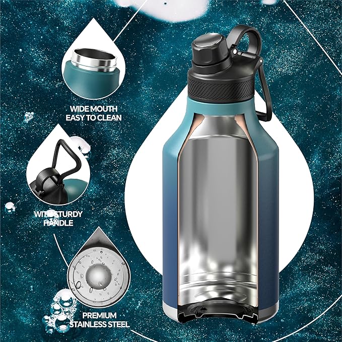 IDEUS Insulated Stainless Steel Water Bottle with 2 Leak-Proof Lids, Thermal Water Flask for Hiking Biking, 64oz, Green