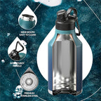 IDEUS Insulated Stainless Steel Water Bottle with 2 Leak-Proof Lids, Thermal Water Flask for Hiking Biking, 64oz, Green