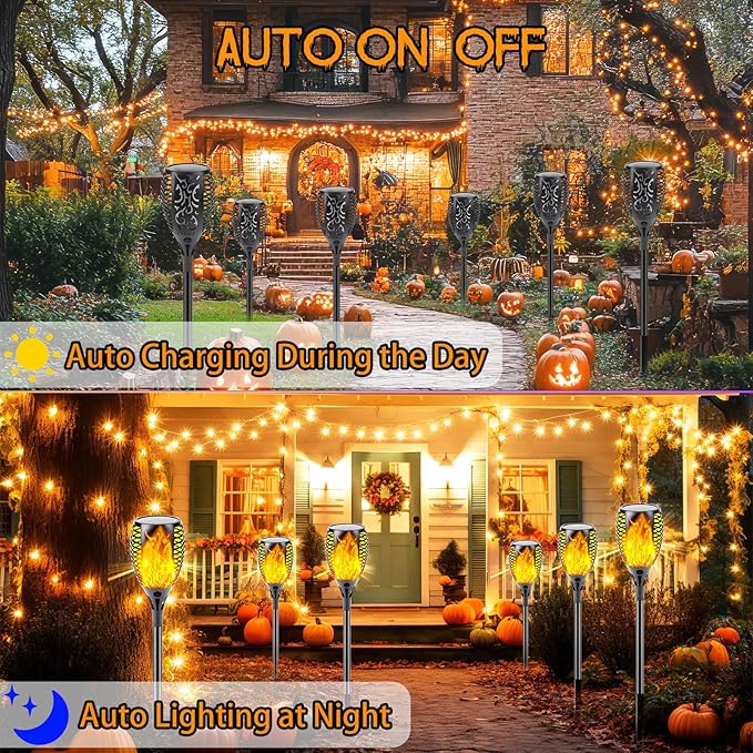 Upgraded Solar Lights Outdoor, 6 Pack Flickering Flame Solar Torch Lights with Super Larger Size for Halloween Decor, Solar Halloween Lights Waterproof Solar Powered Outdoor Lights for Garden Pathway