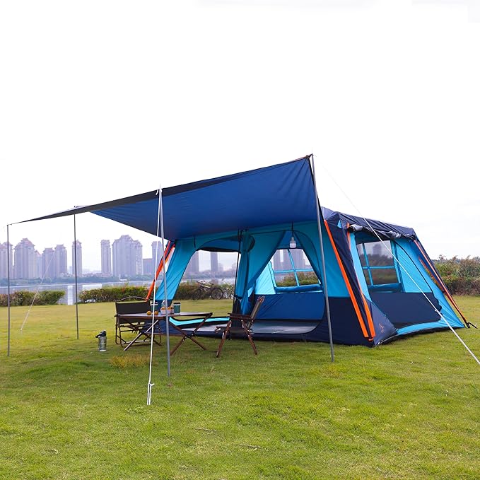 KTT Extra Large Tent 12 Person,Awning Family Cabin Tents,2 Rooms,3 Doors and 3 Windows with Mesh,Straight Wall,Waterproof,Double Layer,Big Tent for Outdoor,Picnic,Camping,Family Gathering