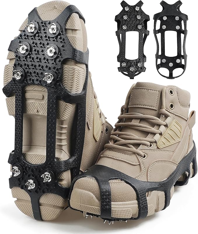 Crampons Ice Cleats for Shoes and Boots Traction Snow Cleats with 9 Studs Snow Cleats Chains Non Slip Rubber Crampons for Hiking Boots Men Women Ice Snow Winter Walking Climbing Fishing