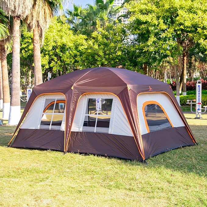 KTT Large Family Cabin Tent 10-12 Person,14.1X10X6.58ft,2 Rooms,3 Storage Pockets,2 Bay-Windows 3 Doors and 3 Windows with Mesh,Straight Wall,Waterproof,Double Layer,Big Tent for Outdoor,Camping