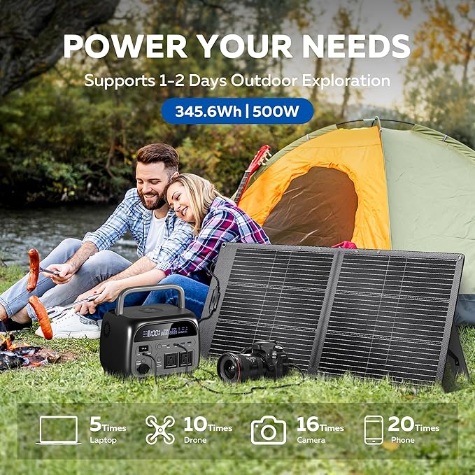 Portable Power Station with Solar Panel 100W - 345Wh LiFePO4 Battery Solar Generator 500W with for Camping RVs Travel Home Use Emergencies