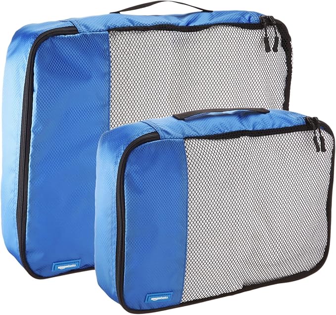 Amazon Essentials 4-Piece Packing Cubes Travel Accessories Set, Luggage Organizer with Double Zipper, Mesh Top, 100% Polyester, 2 Medium/2 Large, Blue (Previously Amazon Basics)