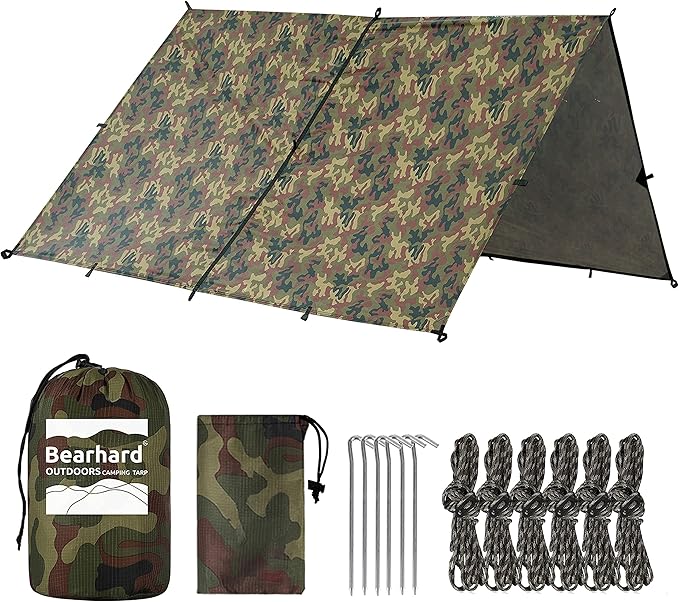 Bearhard Waterproof Camping Tarp, Lightweight Hammock Rain Fly, UV Protection and PU 3000mm Waterproof Backpacking Tarp, 10x10ft/10x12ft Large Tent Footprint or Shelter Kit for Hiking and Outdoor Adventure
