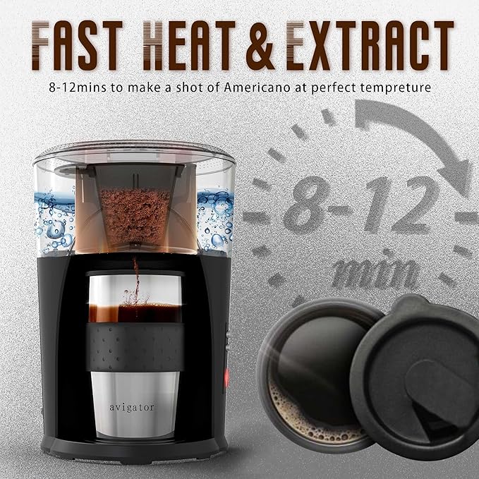 Portable Coffee Maker for Travel Camping Car, Ground Coffee Machine Single Serve with 10 oz Travel Mug for Traveling, RV, Office, Home and Dorm, 24V, Black