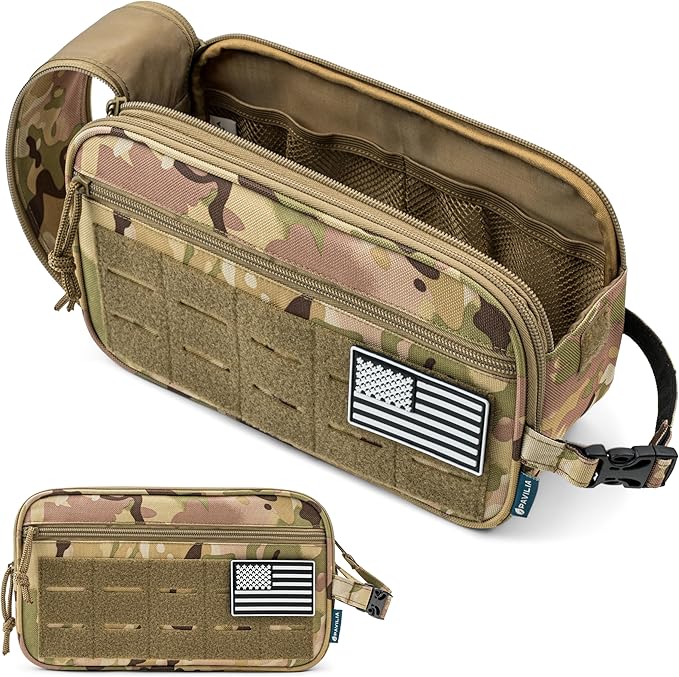 PAVILIA Tactical Toiletry Bag for Men, Travel Hygiene Bag, Military Gear Dopp Kit, Water Resist Molle Accessories Pouch, Mens Shaving Essentials, Gym Bathroom Shower Small Toiletries Tool EDC, Camo