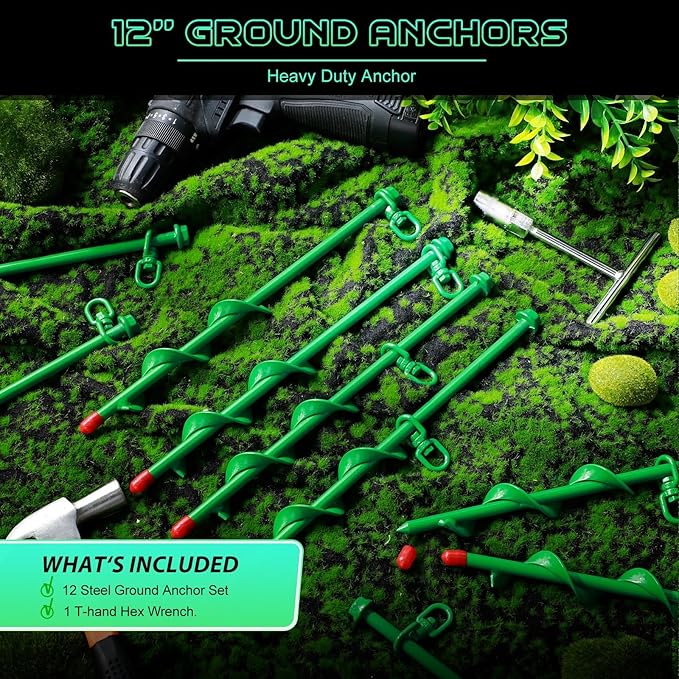 Zhengmy 12 Pcs Ground Anchors Screw in, 12 Inch Heavy Duty Tent Stakes with Trampoline Anchor Hook Ground Stakes for Camping Tent Canopies Ports Sheds Swing Sets Securing Animals (Green)