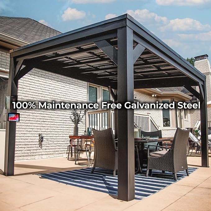 Backyard Discovery Stonebridge 12' x 9.5' Galvanized Steel Outdoor Gazebo Pavilion with Hardtop Slope Roof, Snow Load Support, Wind Resistance, PowerPort, Shade for Garden, Patio, Deck, Entertaining