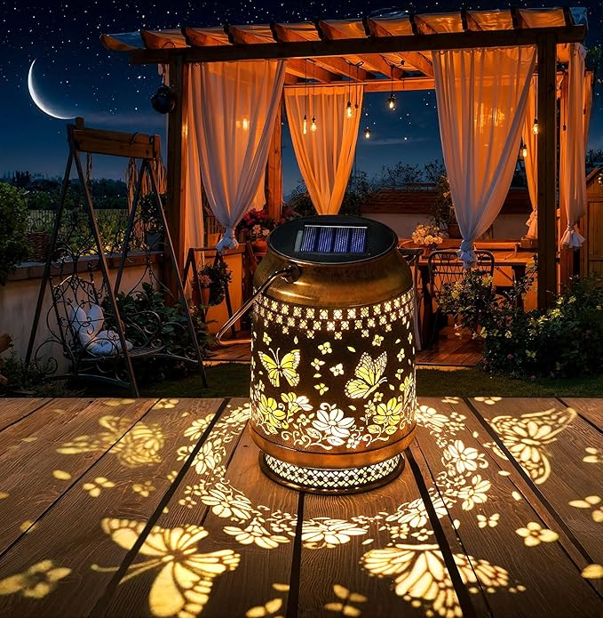 Butterfly Outdoor Solar Lanterns Decor, Nelyeqwo Waterproof Hanging Solar Lights Gifts for Women Men Metal Lantern Decor for Garden Patio Lawn Porch Backyard Tabletop Pathway Landscape