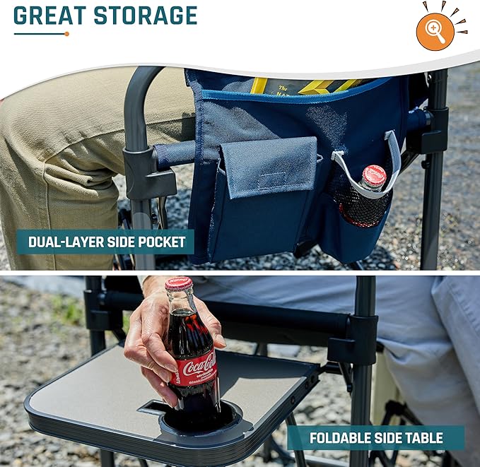 Camping Chairs Directors Chair with Side Table, Mesh Backrest Folding Lawn Chairs with Pocket, Foldable Camp Chair for Outdoor, Picnic, Sports and Fishing, Blue