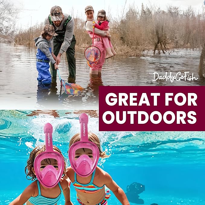 DaddyGoFish Kids Snorkel Mask | Snorkle Snorkeling Gear with Camera Mount | Extendable Telescopic Landing Fishing Net & Snorkeling Mask Combo Set Anti-Fog Anti-Leak