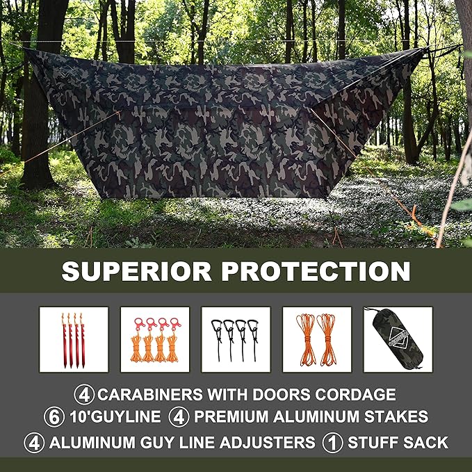 Onewind 12×10 ft Camo Camping Tarp, Billow Tarp Shelter Lightweight Waterproof Hammock Rainfly for Stealth Camping Army Military Bushcraft, Easy to Setup with Tent Pegs and Guyline, Camouflage