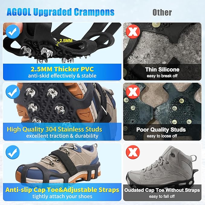 Ice Cleats for Shoes and Boots Snow Traction Cleats Crampons for Walking on Snow and Ice 9 Studs Non-Slip Overshoe Rubber Anti Slip Crampons Slip-on Stretch Footwear Winter Hiking Climbing Ice Fishing
