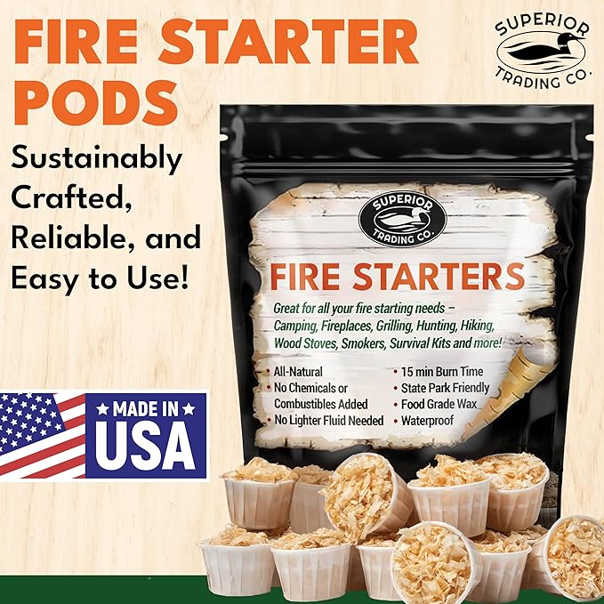 Superior Trading Fire Starter Pods in Resealable Packs - Fire Starters for Campfires, BBQ, Grill, Pit, Wood Stove & Charcoal Starter, 15-20-Min Burn, 30 Extra Large Pods, USA Made, Brown, 3.2 Lbs