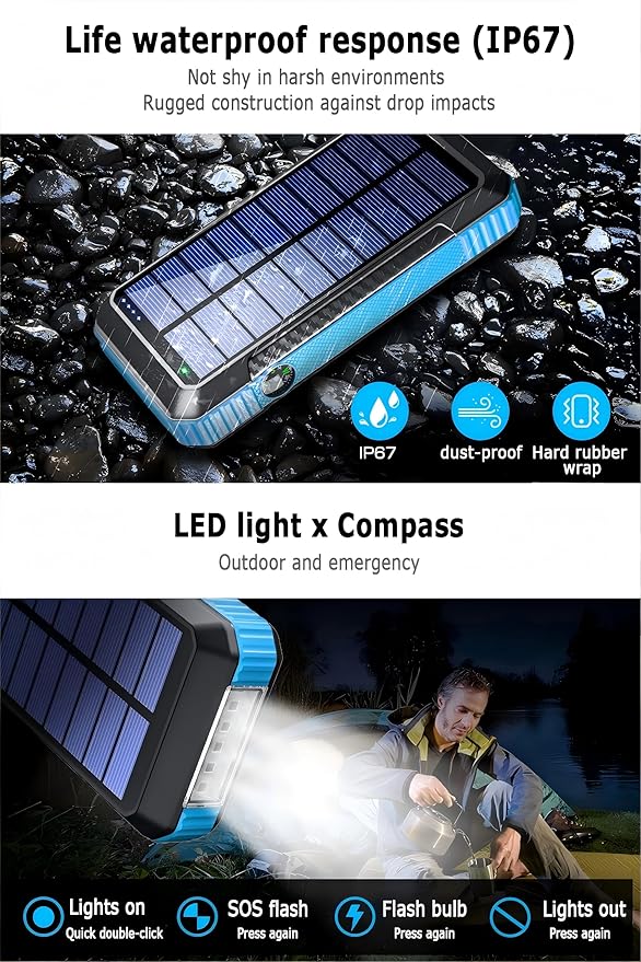 DJKK Solar Power Bank Portable Wireless Charger 52800mAh Built in 4 Cables and LED Camping Lights 22.5W Fast Charging Power Bank 7 Outputs 4 Inputs Charger Compatible with All Mobile Devices (Blue)