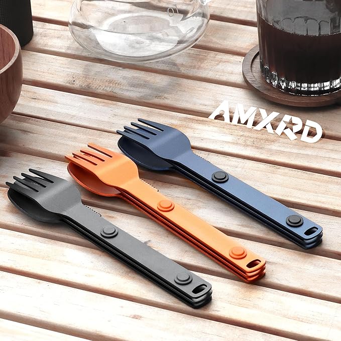 Magnetic Camping Utensils Set, Portable & Reusable Metal Travel Flatware, Camping Cutlery Set, Knife, Fork & Spoon, 3-PACK, Orange