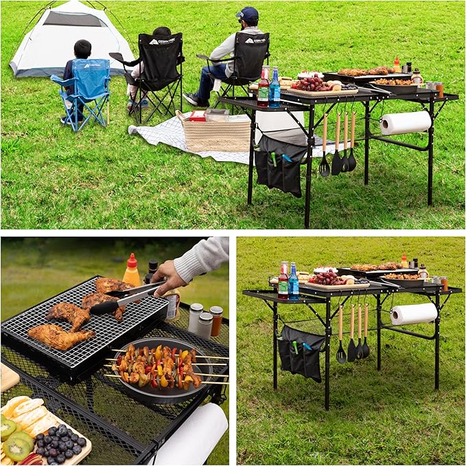 Folding Table w/ Carry Bag, Paper Towel Holder, Garbage Holder, Wing Panels, 3x2 FT Foldable Table for Portable Grill, Picnic, Outdoor, Beach, Small Folding Table Adjustable Height,Camping Table, BBQ
