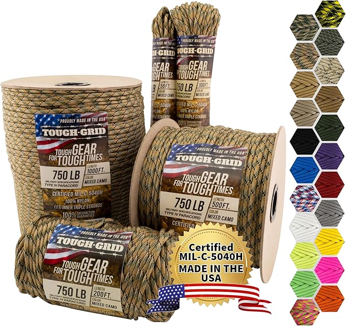 TOUGH-GRID Paracord Rope 750 lbs Nylon Parachute Cord, Made in USA Survival Kit, Outdoor Adventures, Camping, Tactical Gear & Emergency Supplies, Military Type IV Mil-Spec