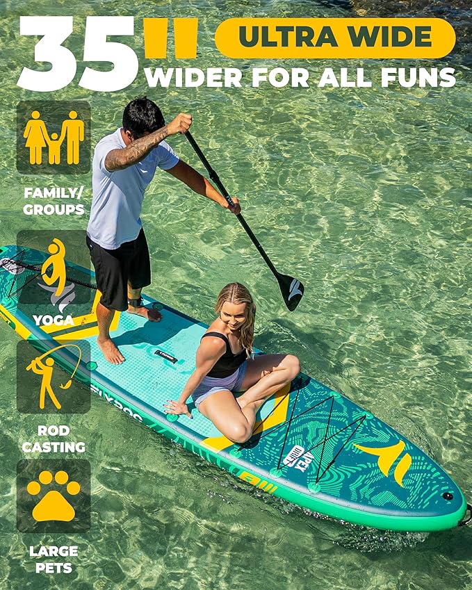 11'6x35'' Extra Wide Inflatable Paddle Board, 450lb Capacity Stand Up Paddle Board for Adults (x3), Stable Inflatable SUP, All Skill Levels, 3 Handles, 100L Backpack, 3PCS Paddle, 5L Dry Bag